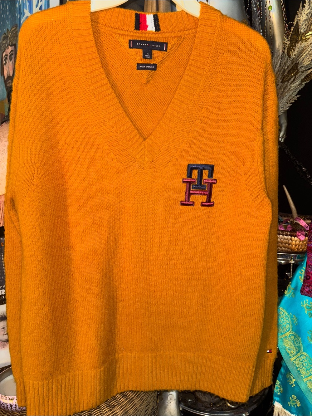Tommy Hilfiger Men’s brushed lamb, monogrammed V-Neck Sweater in Bright Mustard